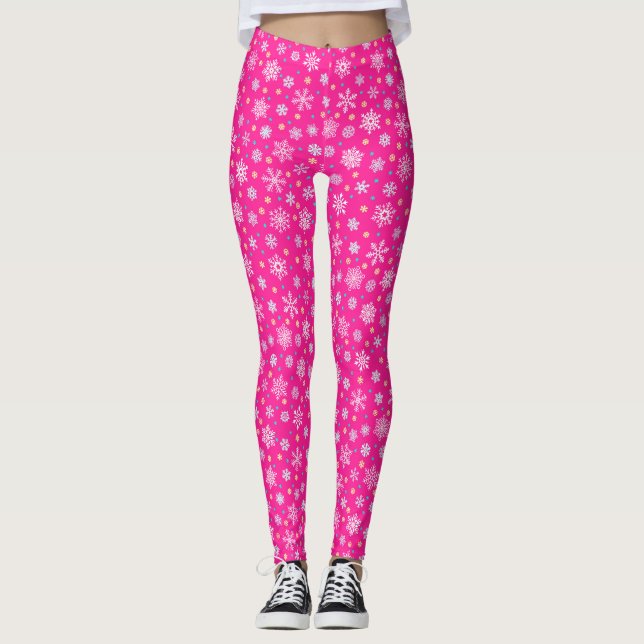 Pink Hot Pink Snowflakes Modern Chic Leggings (Front)