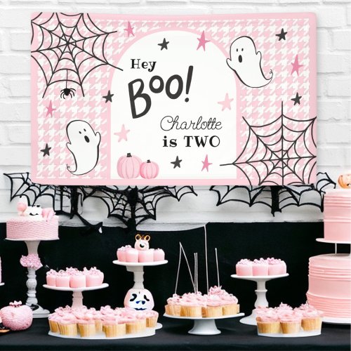 Pink Houndstooth Halloween Birthday Ghost Hey Boo Banner