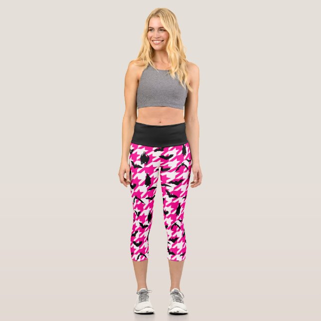 pink houndstooth halloween black bats capri leggings (Front)