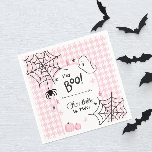Pink Houndstooth Halloween Cute Ghost 2nd Birthday Napkins (Creator Uploaded)
