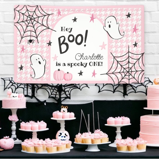 Pink Houndstooth Halloween First Birthday Hey Boo Banner (Creator Uploaded)