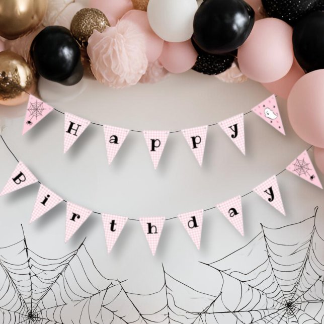 Pink Houndstooth Happy Birthday Halloween Ghost Bunting Flags (Creator Uploaded)
