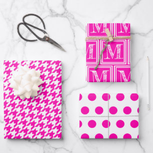 Pink Houndstooth Monogram Polka Dot Wrapping Paper Sheets