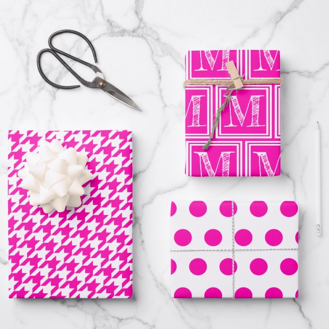 Pink Houndstooth Monogram Polka Dot Wrapping Paper Sheets (Front)