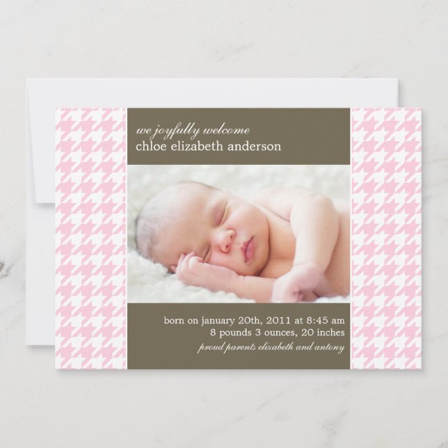 Pink Houndstooth Photo Baby Birth Announcements (Front)
