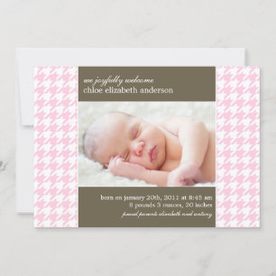 Pink Houndstooth Photo Baby Birth Announcements