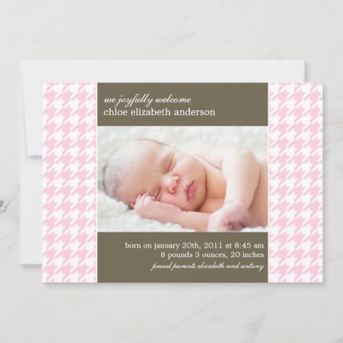 Pink Houndstooth Photo Baby Birth Announcements