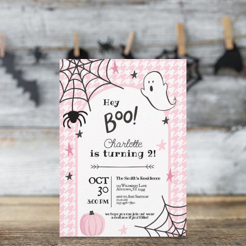 Pink Houndstooth Spooky Halloween 2nd Birthday Invitation