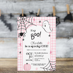 Pink Houndstooth Spooky One Halloween Birthday Invitation