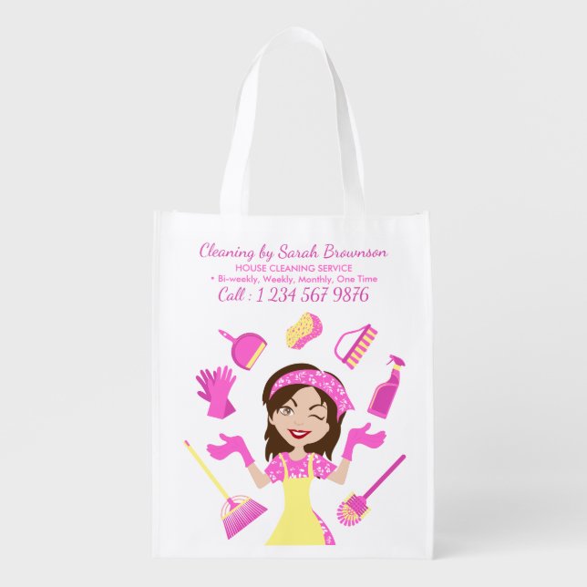 Pink House Cleaning Maids Cute Janitorial Daily Grocery Bag (Front)