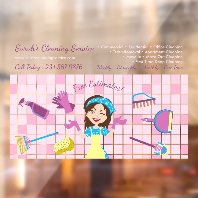 Pink Housekeeper cleaning Janitor Custom Cartoon Window Cling