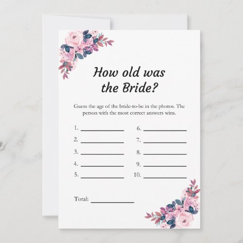Pink How Old was the Bride Bridal Shower Game Card