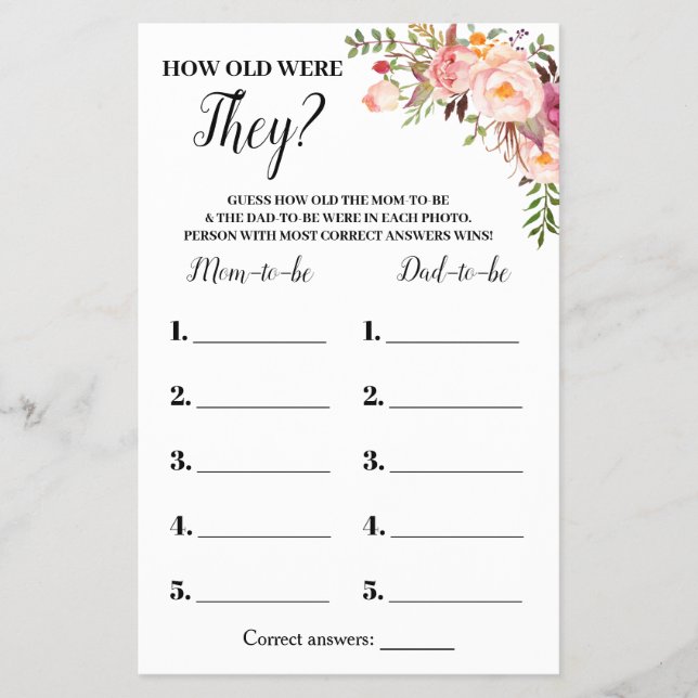 Pink How Old Were They Baby Shower Game Card Flyer (Front)