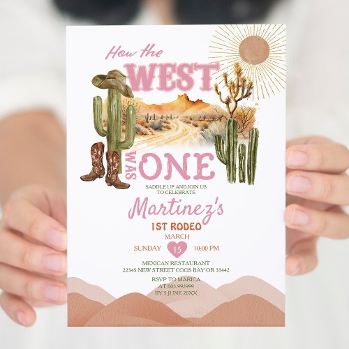 Pink How The West Was One Birthday Party Cowboy  Invitation