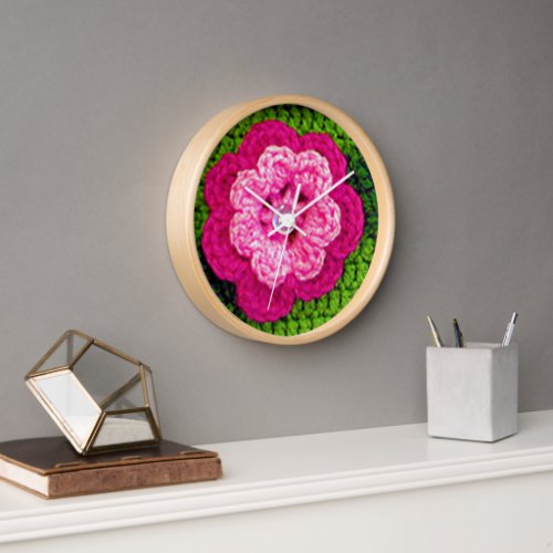 Pink Hue Flower Nature Green Artisan Crochet Print Clock