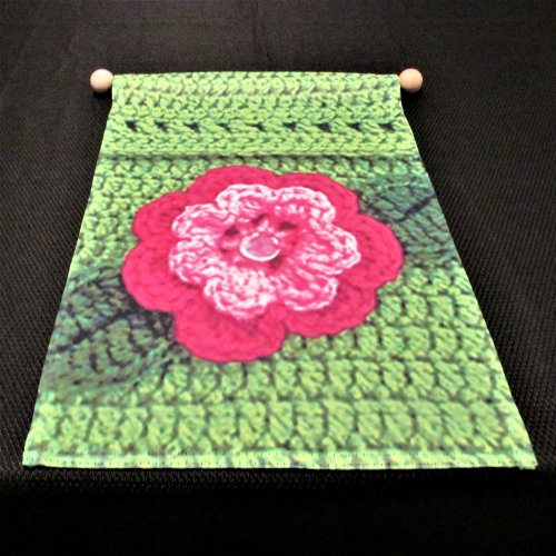 Pink Hues Flower Green Leaf Artisan Crochet Print Garden Flag