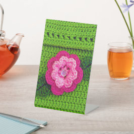Pink Hues Flower Green Leaf Designer Crochet Print Pedestal Sign