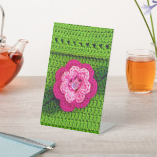 Pink Hues Flower Green Leaf Designer Crochet Print Pedestal Sign