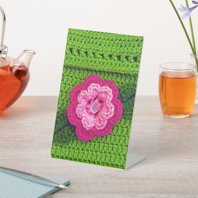 Pink Hues Flower Green Leaf Designer Crochet Print Pedestal Sign (In SItu)