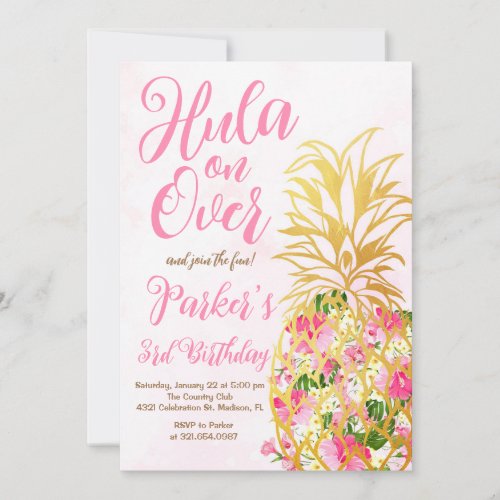 Pink Hula on over Luau Pineapple Birthday Party Invitation