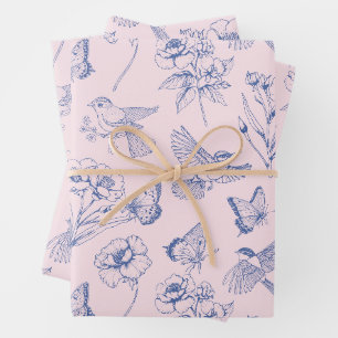 Pink Hummingbird & Butterfly Floral Wrapping Paper Sheets
