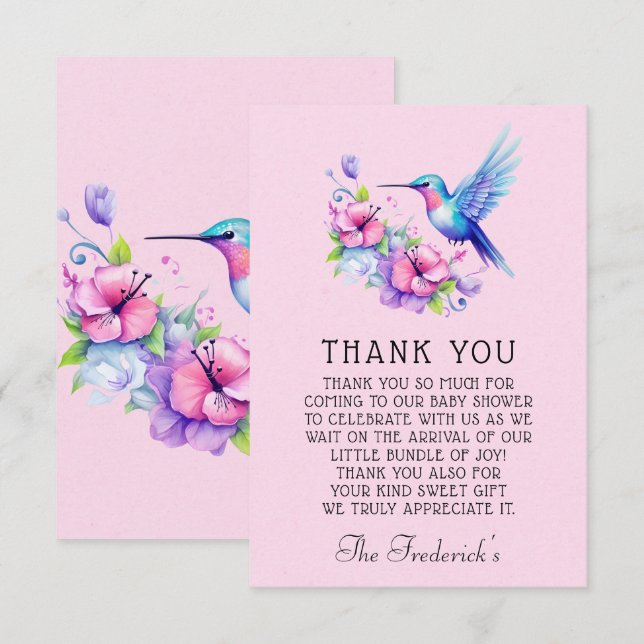Pink Hummingbird Girl Baby Shower Thank You  Card (Front/Back)