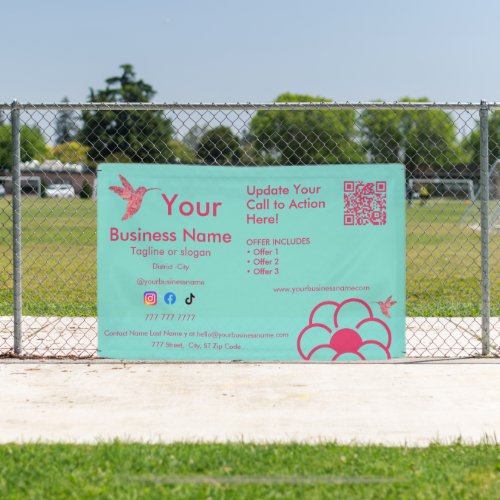 Pink Hummingbird QR Code Turquoise Business Banner