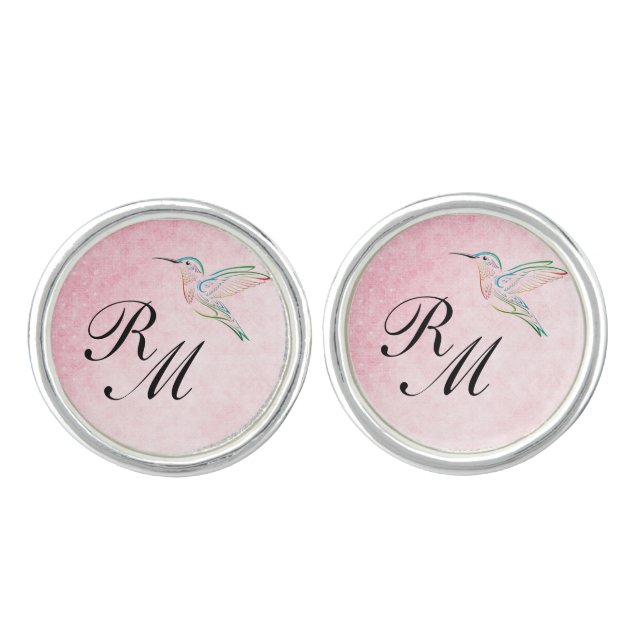 Pink Hummingbird Watercolor Wedding Cufflinks (Front)