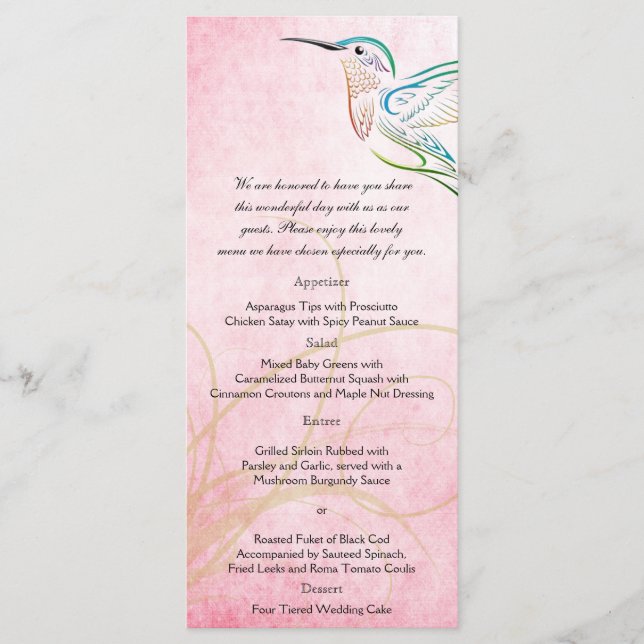 Pink Hummingbird Watercolor Wedding Menu (Front)
