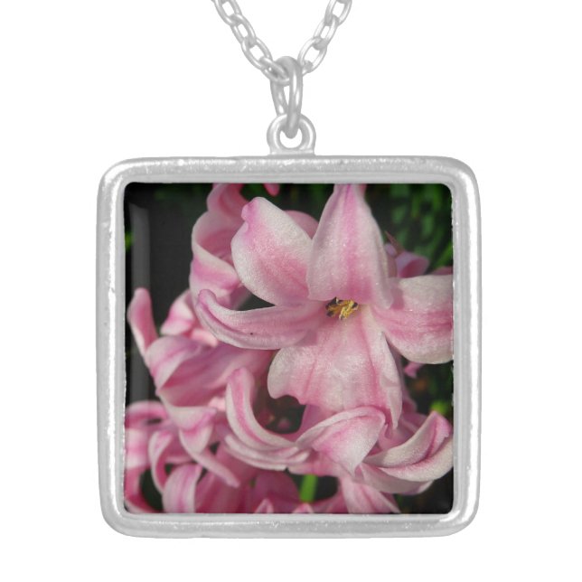 Pink Hyacinth Spring Floral Silver Plated Necklace (Front)