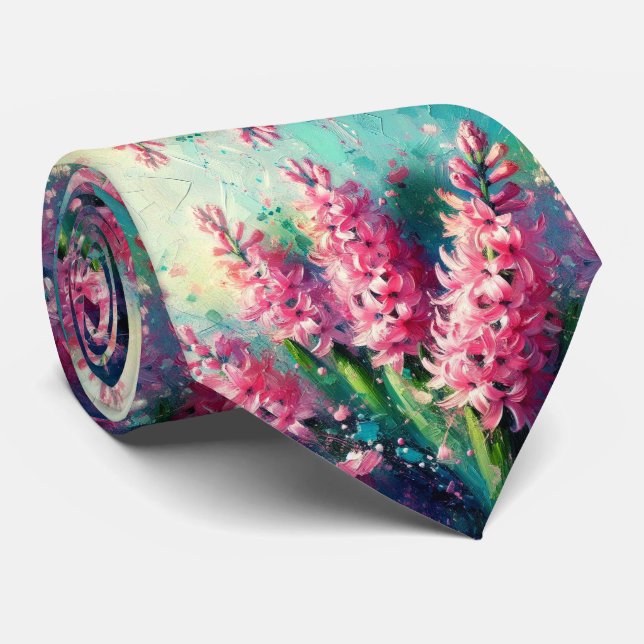 Pink Hyacinths Floral Impressionistic Painting Neck Tie (Rolled)