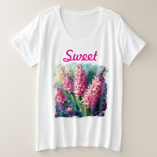 Pink Hyacinths Floral Impressionistic Painting Plus Size T-Shirt (Design Front)