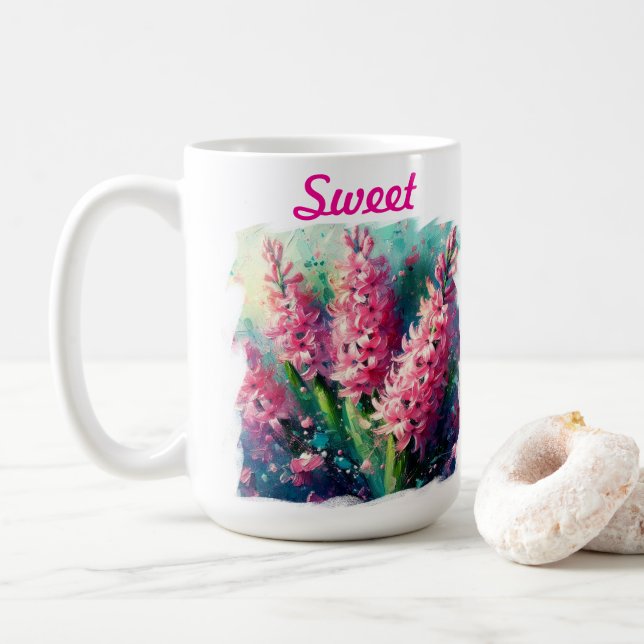 Pink Hyacinths Hyacinth Floral Personalized Coffee Mug (With Donut)