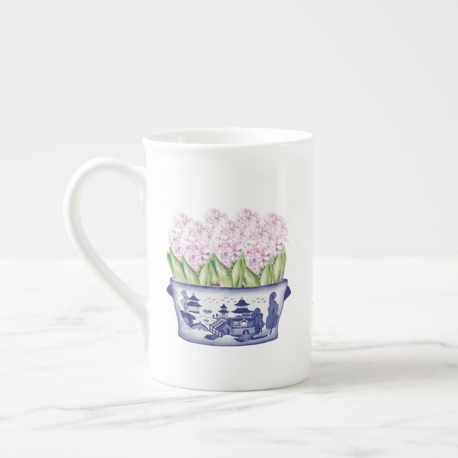Pink Hyacinths in Chinoiserie Planter  Bone China Mug (Left)