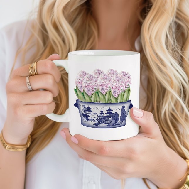 Pink Hyacinths in Chinoiserie Planter Ceramic  Coffee Mug (Pink hyacinths in blue and white Chinoiserie planter personalized mug)