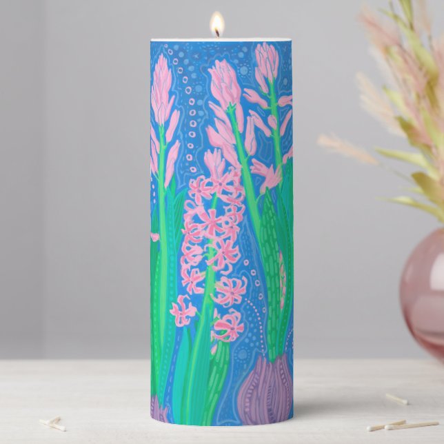 Pink Hyacinths Spring Flowers Floral Art Painting Pillar Candle (In Situ)