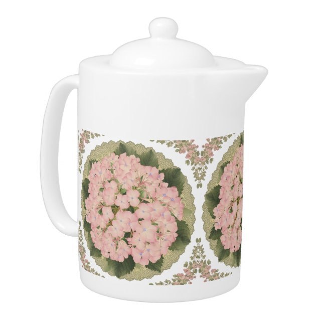 Pink Hydra floral pattern Medium Teapot (Left)