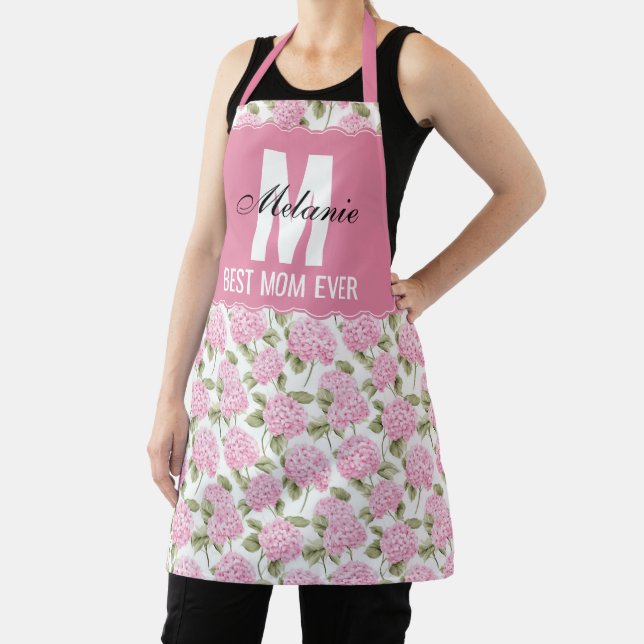  Pink Hydragea Floral Pattern Monogram Best Mom  Apron (Insitu)