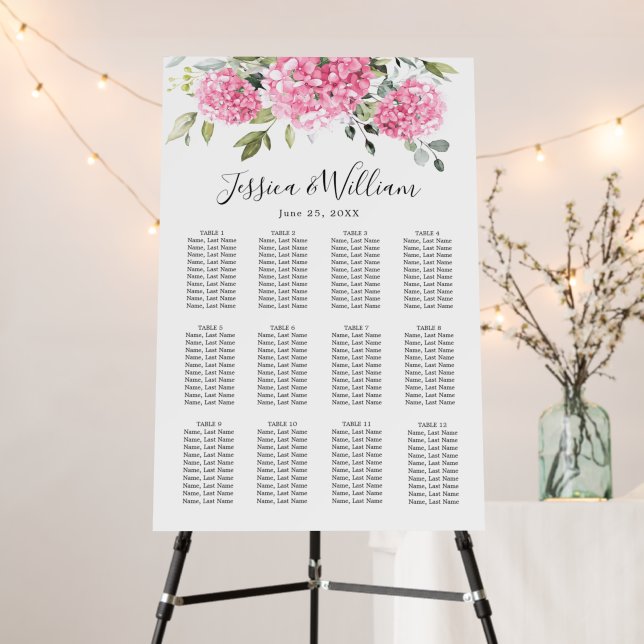 Pink Hydrangea 12 Tables SEATING CHART Foam Board (In Situ (Stand))