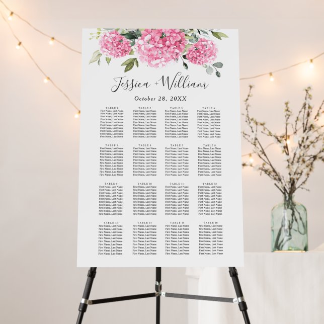 Pink Hydrangea 16 Tables SEATING CHART Foam Board (In Situ (Stand))