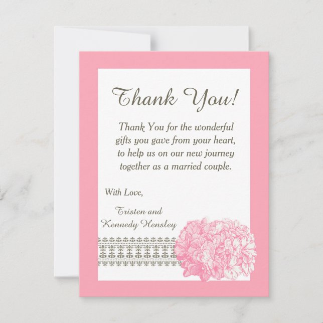 Pink Hydrangea 4x5 Flat Wedding Thank You Card (Front)