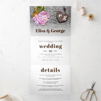Pink hydrangea and heart on wood rustic wedding Tri-Fold invitation
