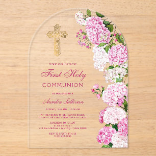 Pink Hydrangea Arch First Communion Acrylic Invitations