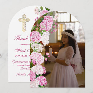 Pink Hydrangea Arch First Communion Thank You Card