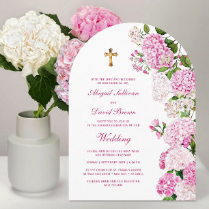 Pink Hydrangea Arch Religious Wedding Invitation