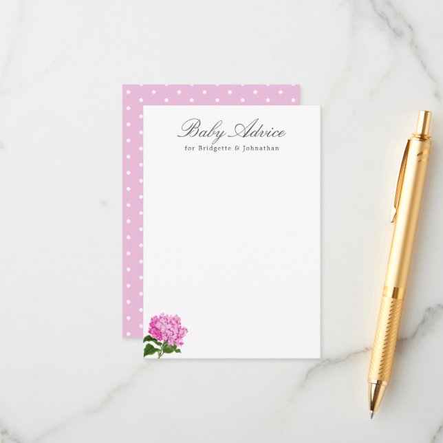 Pink Hydrangea Baby Advice Card (Front/Back In Situ)