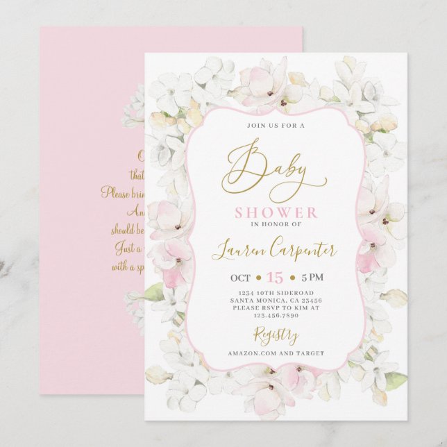Pink Hydrangea Baby Shower Girl Invitation (Front/Back)