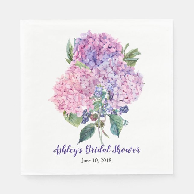 Pink Hydrangea Berries Floral Bridal Shower Napkins (Front)