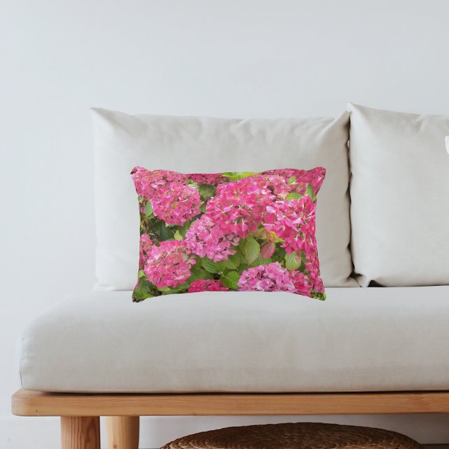 Pink Hydrangea Blooms Floral Accent Pillow (In Situ Sofa)