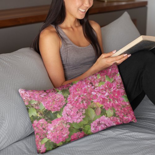 Pink Hydrangea Blooms Floral Lumbar Pillow